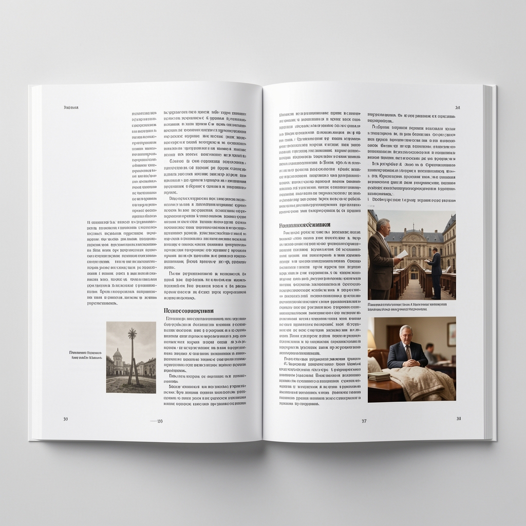 Профессиональный книжный разворот с двухколоночным набором, выверенными полями и иллюстрациями — образец классической полиграфической вёрстки на белой бумаге