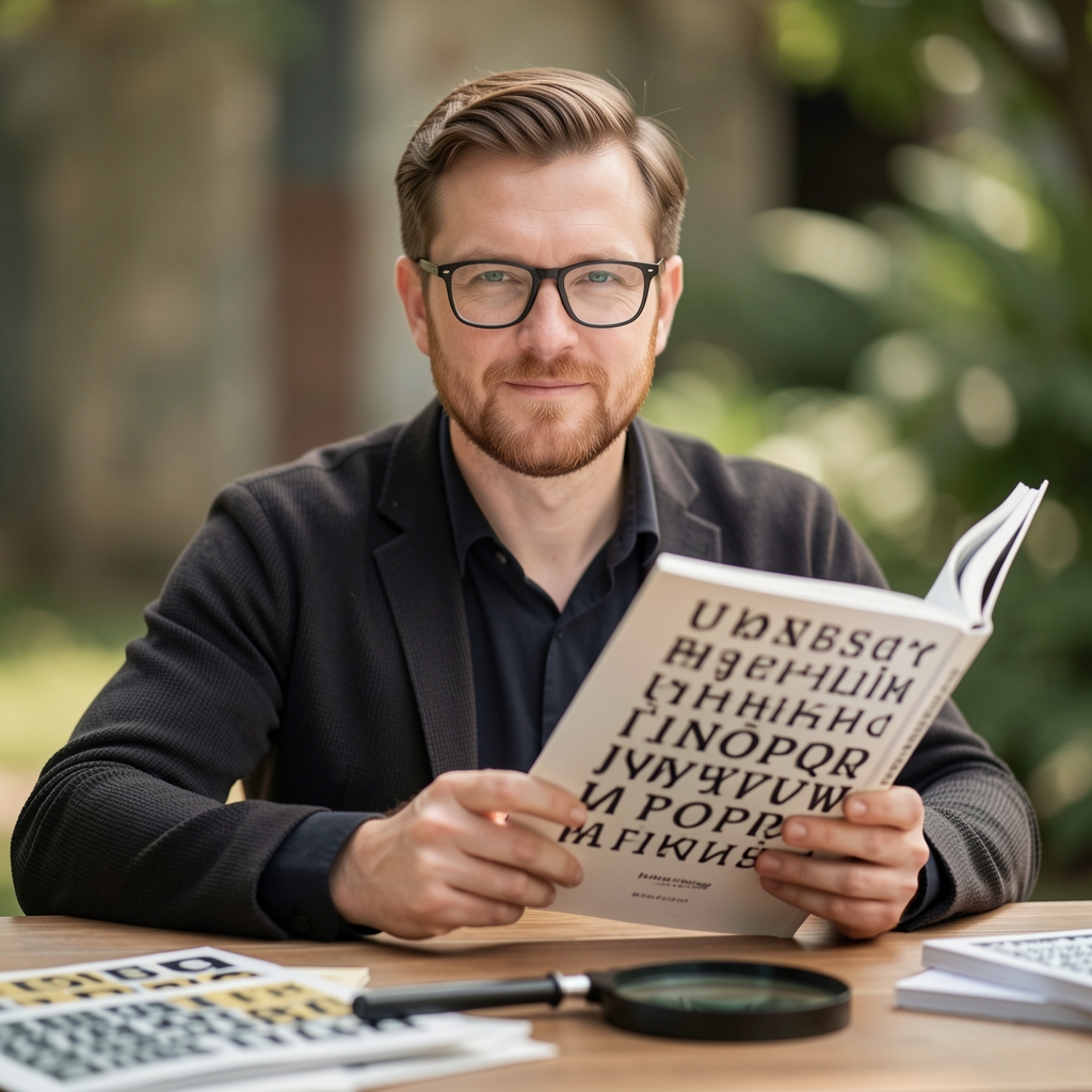 Портрет исследователя типографики: мужчина в очках с книгой по шрифтовому дизайну, на столе образцы гарнитур и увеличительное стекло